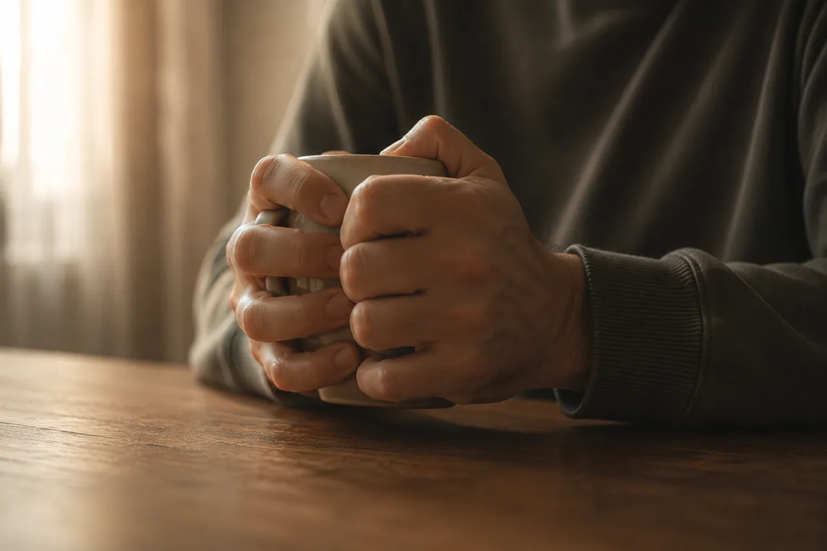 Manos sujetando una taza con fuerza, representando el estrés y la sobrecarga emocional