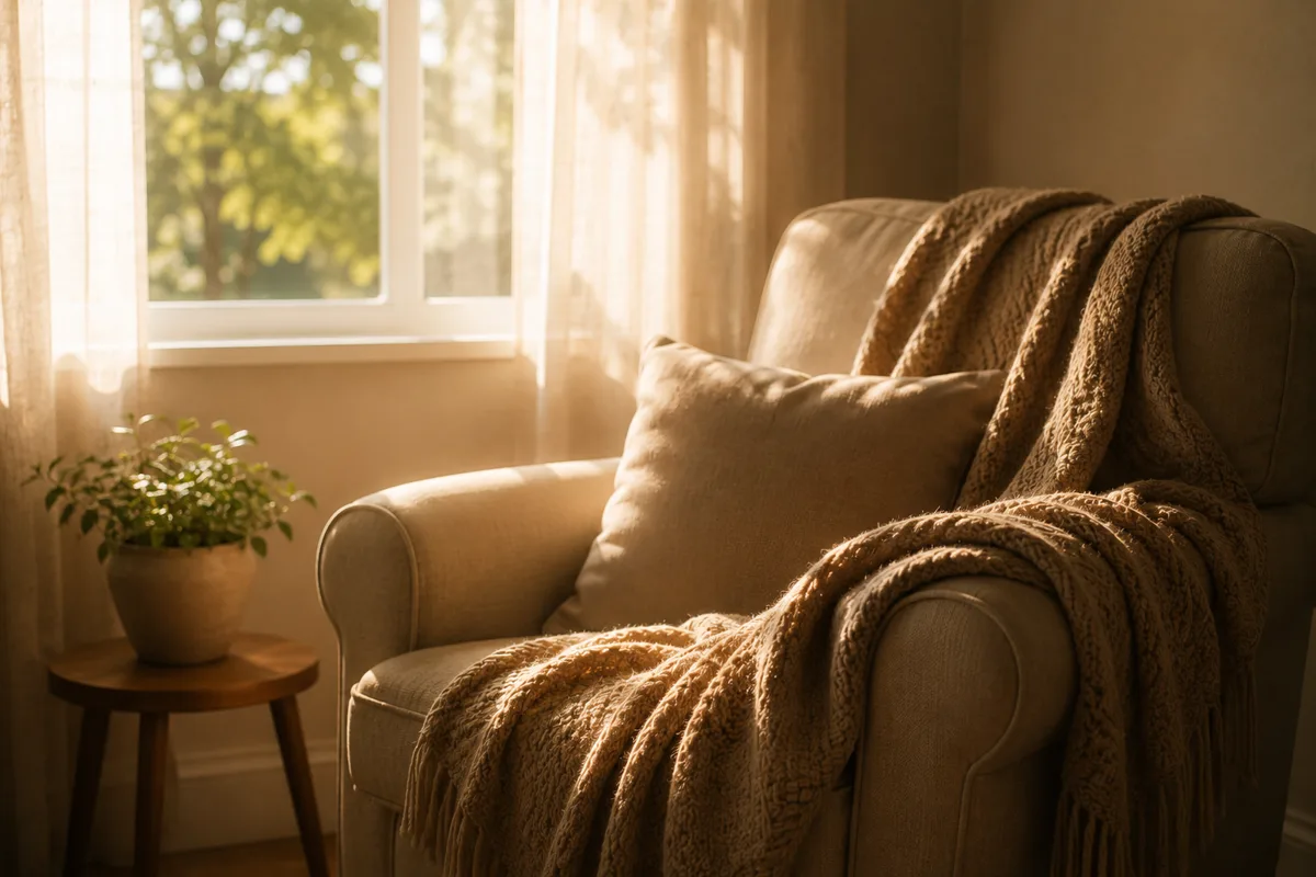 Manta cálida sobre un sillón junto a una ventana con luz suave, representando el sostén y el cuidado en el acompañamiento del duelo