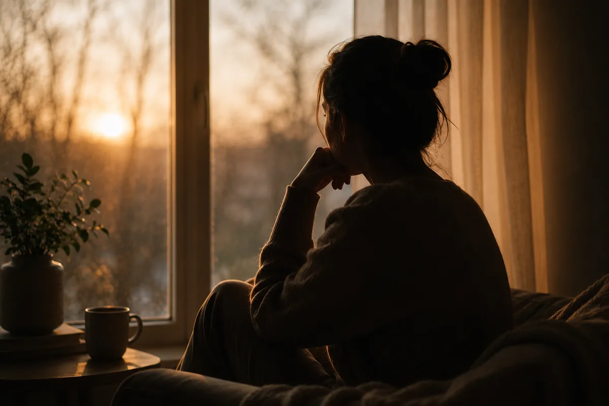 Silueta en actitud reflexiva frente a una ventana al atardecer, representando el autoconocimiento a través del eneagrama