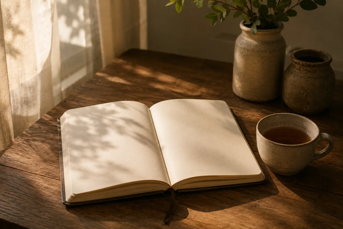 Cuaderno abierto junto a una taza de té en una mesa de madera con luz cálida, representando el proceso de elaborar e integrar una experiencia psicodélica