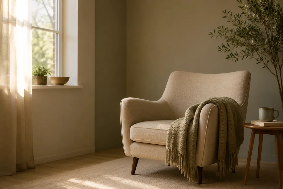 Sillón vacío junto a una ventana con luz cálida, espacio de calma para la terapia Gestalt