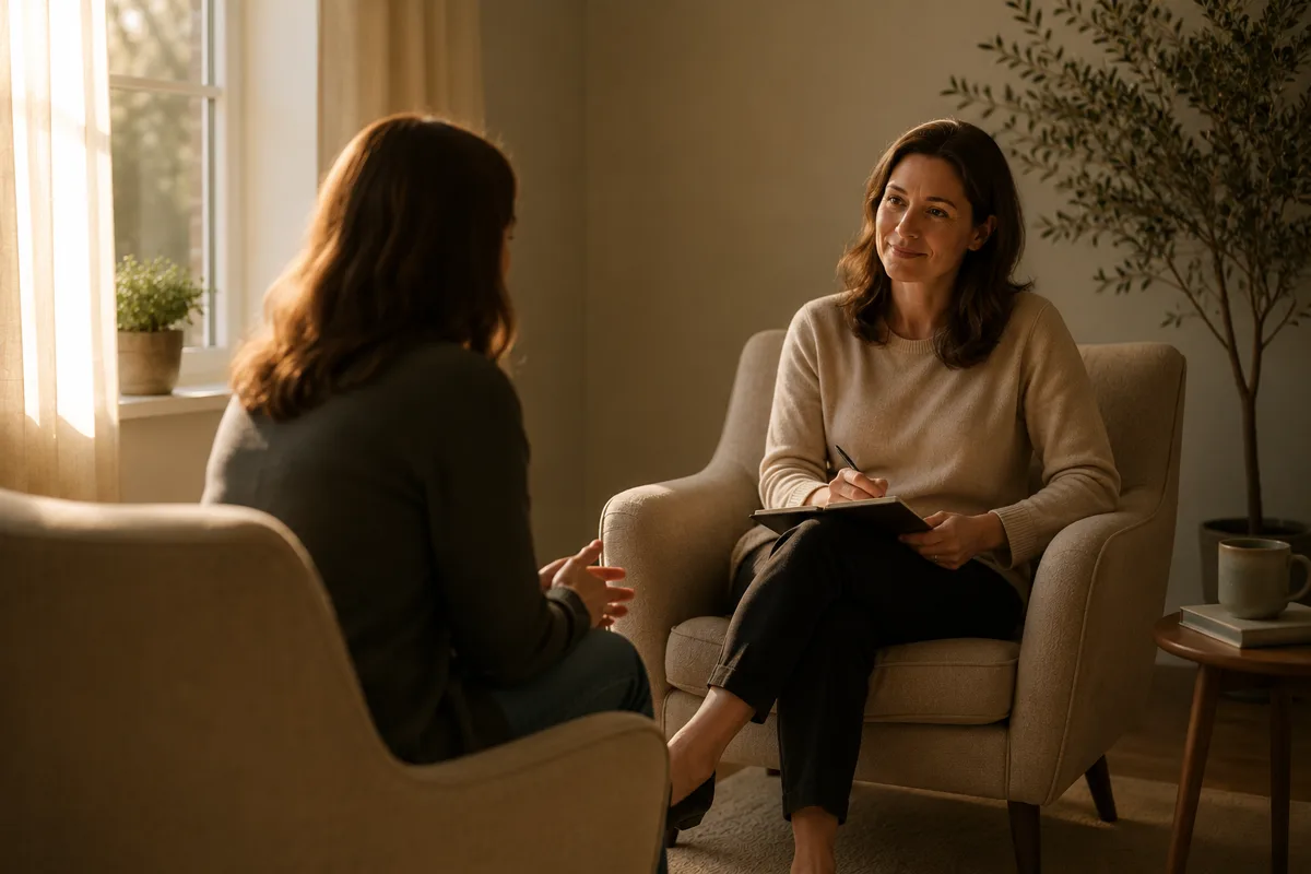 Sesión de terapia Gestalt en Aranjuez: terapeuta y paciente conversando en un ambiente cálido
