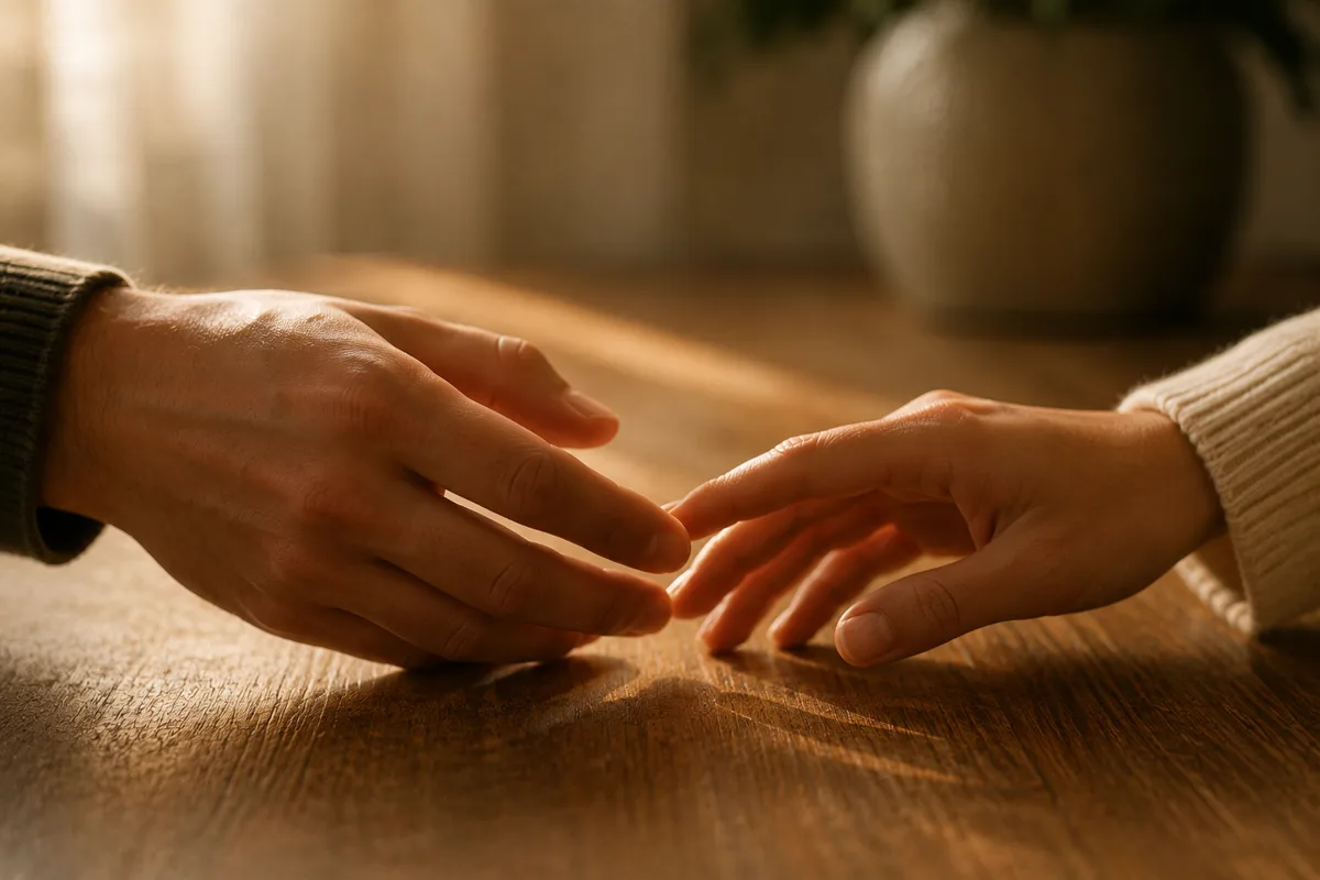 Dos manos acercándose sobre una mesa de madera con luz cálida, representando la reconexión emocional en terapia de pareja